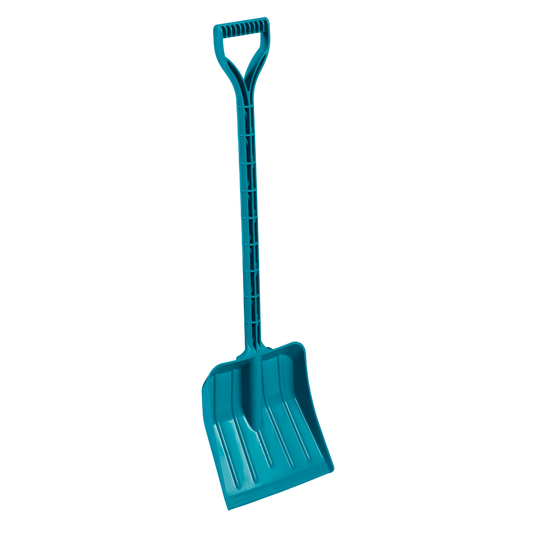 Blue 9 inch wide kids shovel made of durable poly with 19 inch handle, perfect for snow, sand, or garden play
