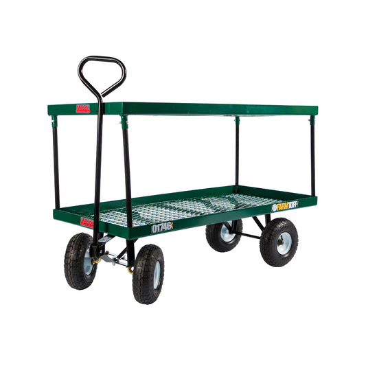 Double tier green metal deck wagon with pneumatic tires and cargo lip, ideal for plant transport in nurseries or greenhouses