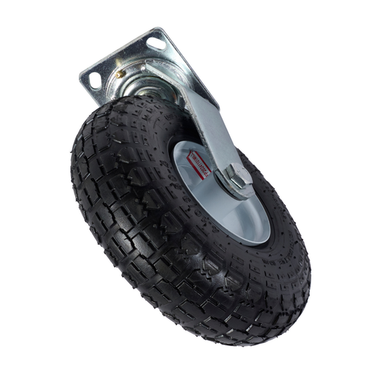 4x10 inch swivel caster with black pneumatic tire and zinc-plated mounting plate, angled view
