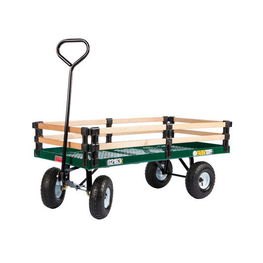 Green metal deck wagon with 2-tier cedar side rails, anti-tip steering, and pneumatic tires for garden or greenhouse use