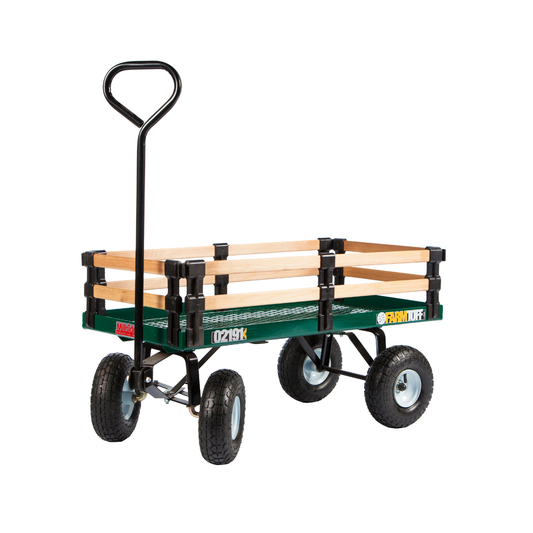 Compact metal deck wagon with cedar rails, 20"x38" green platform, anti-tip steering, and pneumatic tires for hauling