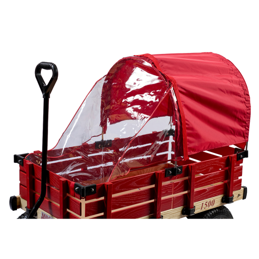 Half red canopy with clear weathershield for 20x38 wagons, hand-sewn weatherproof wagon cover for rain and wind protection