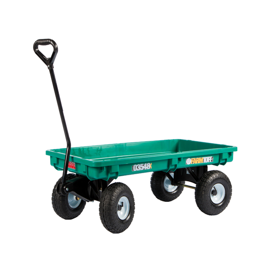 Plastic deck wagon with 20x38 inch green poly bed, 4x10 pneumatic tires, D-shape handle, and anti-tip steering