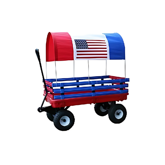 Red and blue kids trekker wagon with USA flag canopy, 20x38 poly deck, removable racks, pneumatic tires, and D-handle for pulling