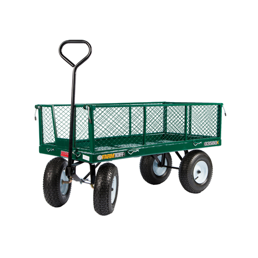 Heavy-duty green metal wagon with fold-down mesh sides, 24"x48" deck, 12" pneumatic tires, and 800 lb capacity for hauling gear