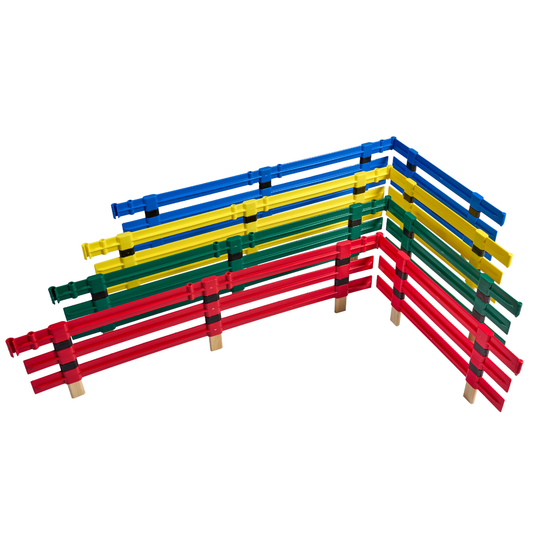 Colorful poly rack sets for trekker wagons in red, blue, green, and yellow – durable and stackable design