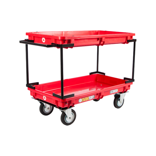 Double tier red plastic push cart with 20x38 inch poly decks, 6 inch swivel rubber tires, and powder-coated undercarriage