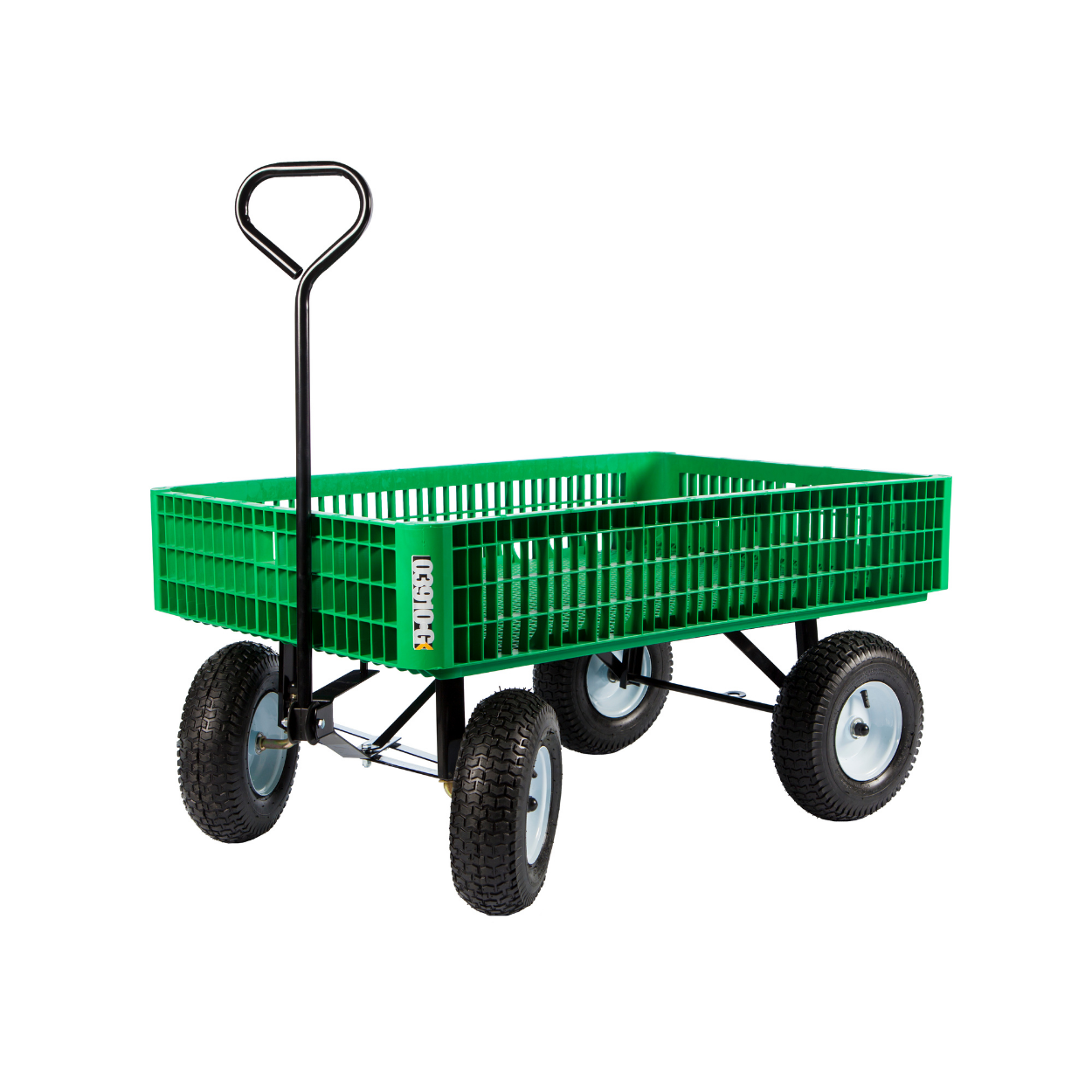 Green plastic crate wagon with 30x46 inch poly deck, 5x13 pneumatic tires, high mesh sides, and D-shape handle