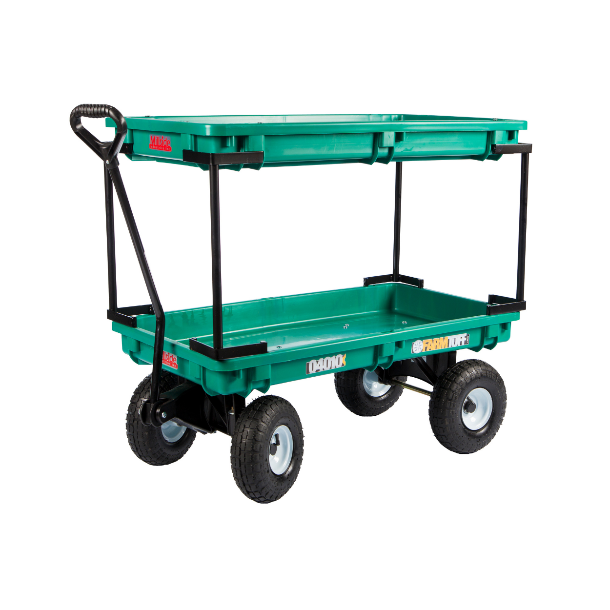 Double tier plastic pull cart with 20x38 inch poly decks, 4x10 pneumatic tires, D-shape handle, and powder-coated undercarriage