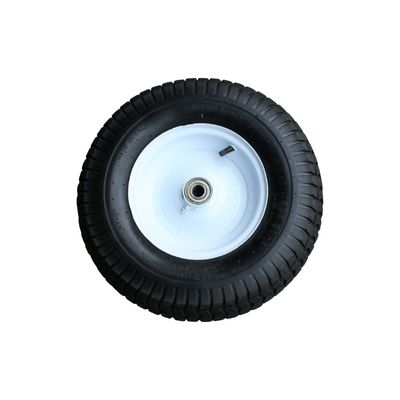 16 inch pneumatic replacement wheel with black treaded tire and white steel rim for wagons, carts, or trailers