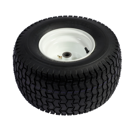 18 inch pneumatic wheel with white rim and deep tread tire, ideal for carts, trailers, or garden equipment