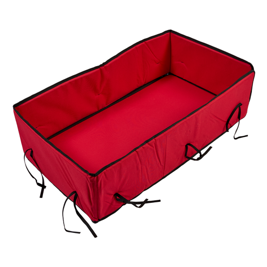 Red wagon pad set with floor and side padding, fits 20x38 wagons, hand-sewn for comfort and safety