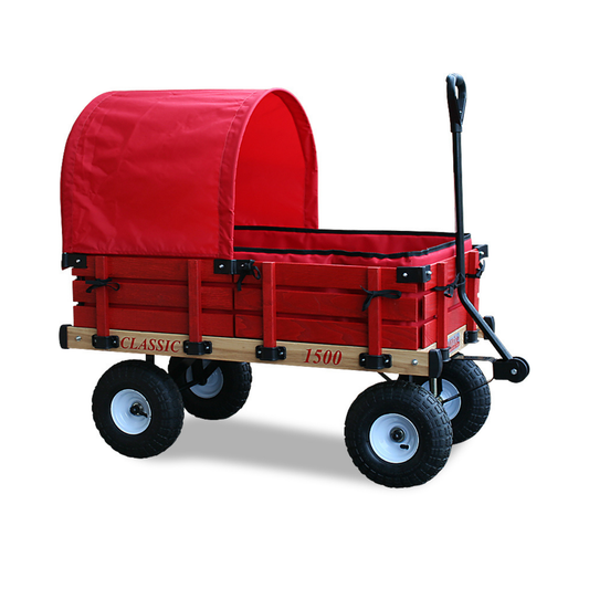 Classic wooden kids wagon with red half canopy, 20x38 deck, pneumatic tires, and removable hardwood side rails