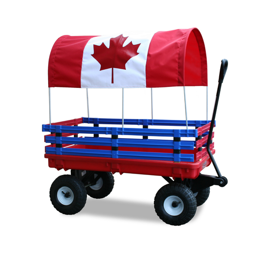 Red and blue kids trekker wagon with Canadian flag canopy, 20x38 poly deck, pneumatic tires, and removable side racks