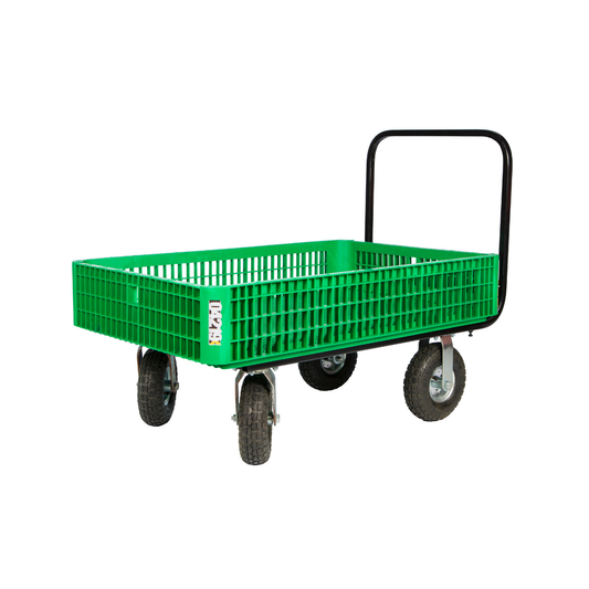 Plastic crate pushcart with 30x46 inch green poly deck, 4x10 pneumatic swivel tires, high mesh sides, and D-shape handle