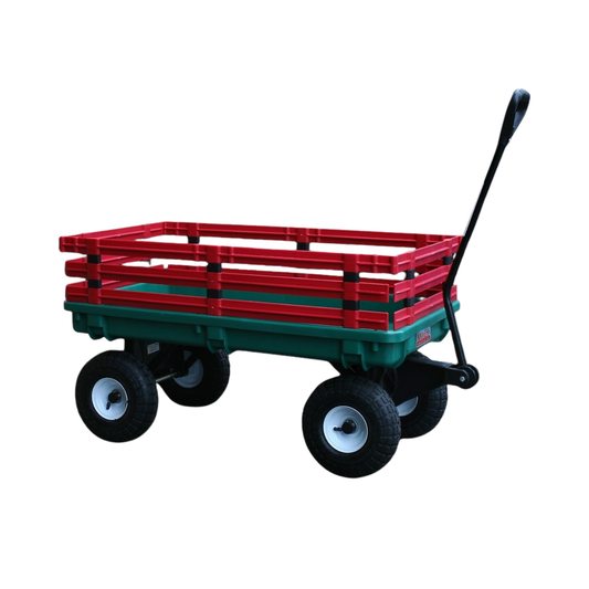 Green poly kids trekker wagon with 20x38 deck, red removable racks, 4x10 pneumatic tires, and large D-grip pull handle