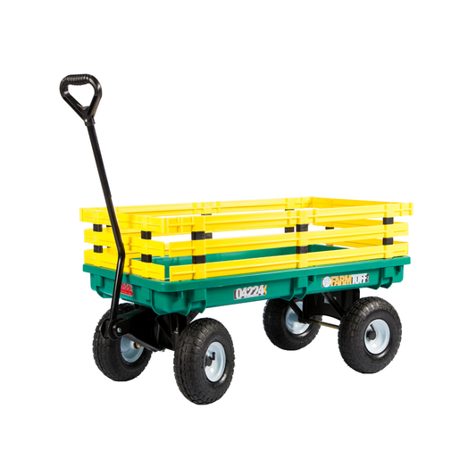 Green poly kids trekker wagon with yellow removable racks, 20x38 deck, 4x10 pneumatic tires, and long D-handle for outdoor pulling