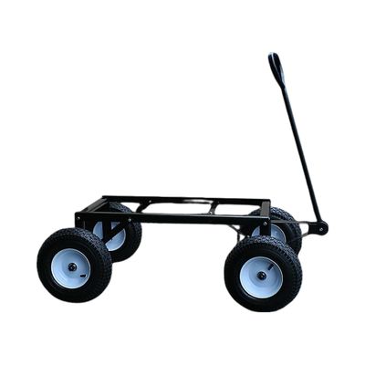 Metal wagon undercarriage with 5x13 inch wheels, pull handle, and sturdy steel frame for utility cart or custom wagon builds