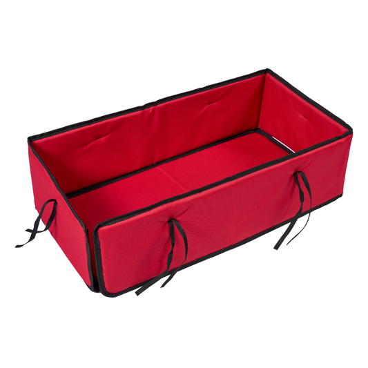 Red wagon pad liner with floor and side padding, tailored for 16x34 wagons, durable and hand-sewn for comfort