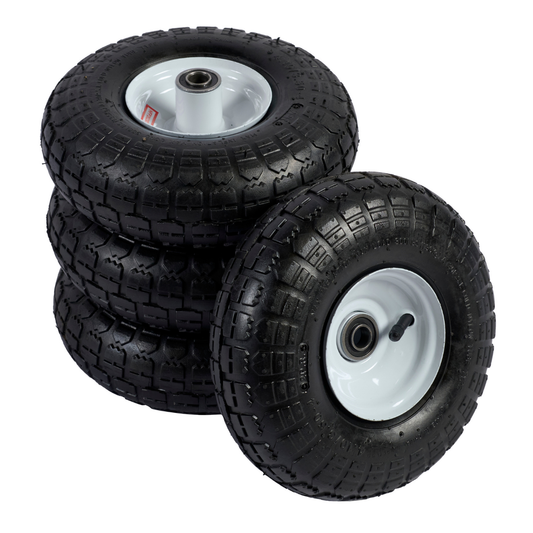 Set of four 4x10 pneumatic wagon wheels with 5/8 inch bore bearing for carts and outdoor equipment