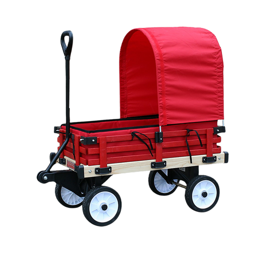 Classic wooden kids wagon with 16x34 deck, red half canopy, hardwood racks, and 8-inch no-flat tires for outdoor rides