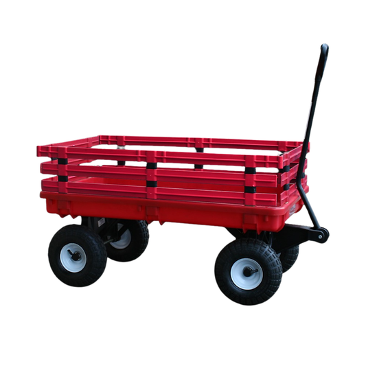 Red poly kids trekker wagon with 20x38 deck, removable side racks, pneumatic tires, and D-grip handle for outdoor hauling