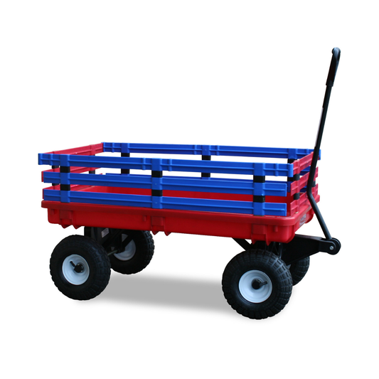 Red poly kids trekker wagon with blue removable racks, 20x38 deck, 4x10 pneumatic tires, and large D-handle for pulling
