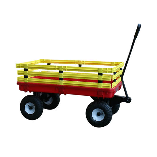 Kids trekker wagon with 20x38 red poly deck, yellow removable racks, pneumatic tires, and D-handle for outdoor use
