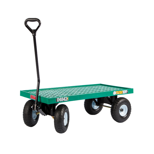 Plastic deck wagon with 20x40 inch green poly platform, 4x10 pneumatic tires, anti-tip steering, and D-shape handle