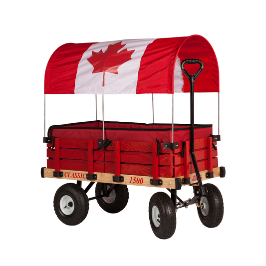 Classic wooden kids wagon with full-length Canadian flag canopy, 20x38 deck, and pneumatic tires for smooth outdoor rides