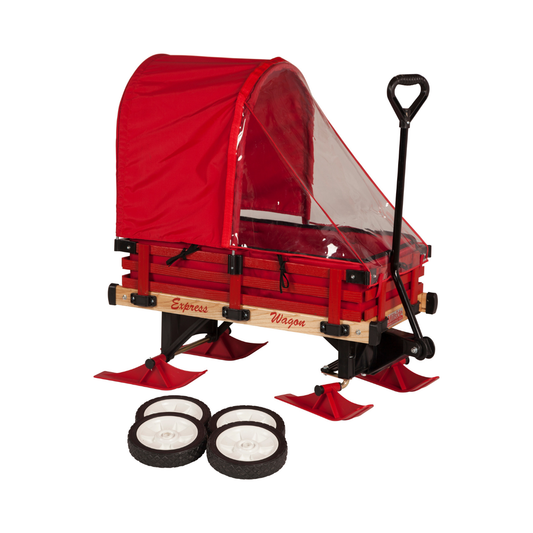 All-season convertible kids sleigh wagon with red canopy, snow runners, no-flat tires, and weathershield for winter protection