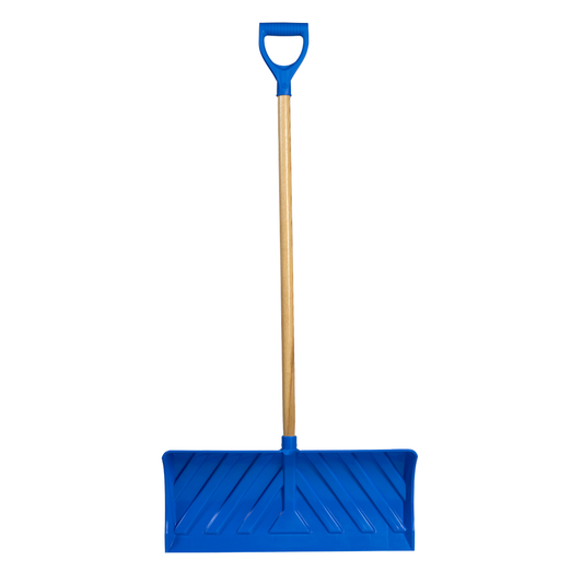 24 inch blue snow pusher with wide polypropylene blade, D-grip handle, and 40 inch hardwood ash shaft