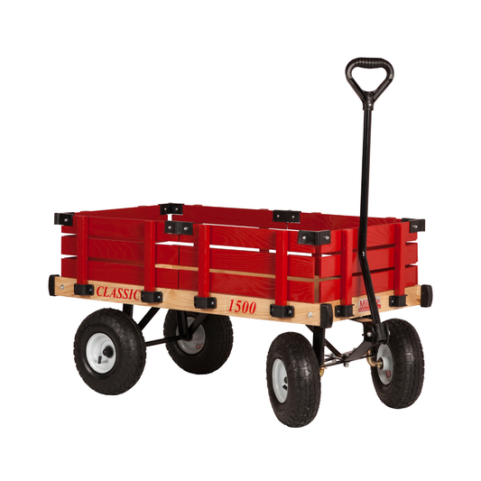 Classic wooden kids wagon with 20x38 deck, red removable side rails, pneumatic tires, and extra-long black handle for pulling
