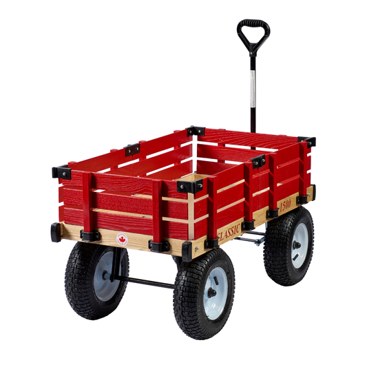 Classic red wooden kids wagon with 20x38 deck, 5x13 pneumatic tires, and removable hardwood side rails