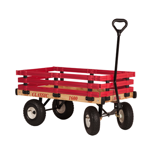 Classic wooden kids wagon with 20x38 deck, removable poly side racks, 4x10 pneumatic tires, and long pull handle