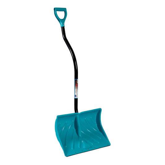 20 inch teal snow shovel with ergonomic curved metal handle, aluminum wear bar, and wide D-grip