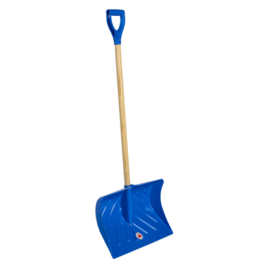 20 inch teal snow shovel with curved polypropylene blade, D-grip handle, and 40 inch hardwood ash shaft