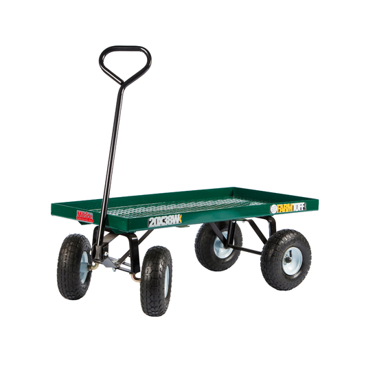 Single tier metal deck wagon with 20x38 inch platform, green powder-coated finish, and 4x10 pneumatic tires