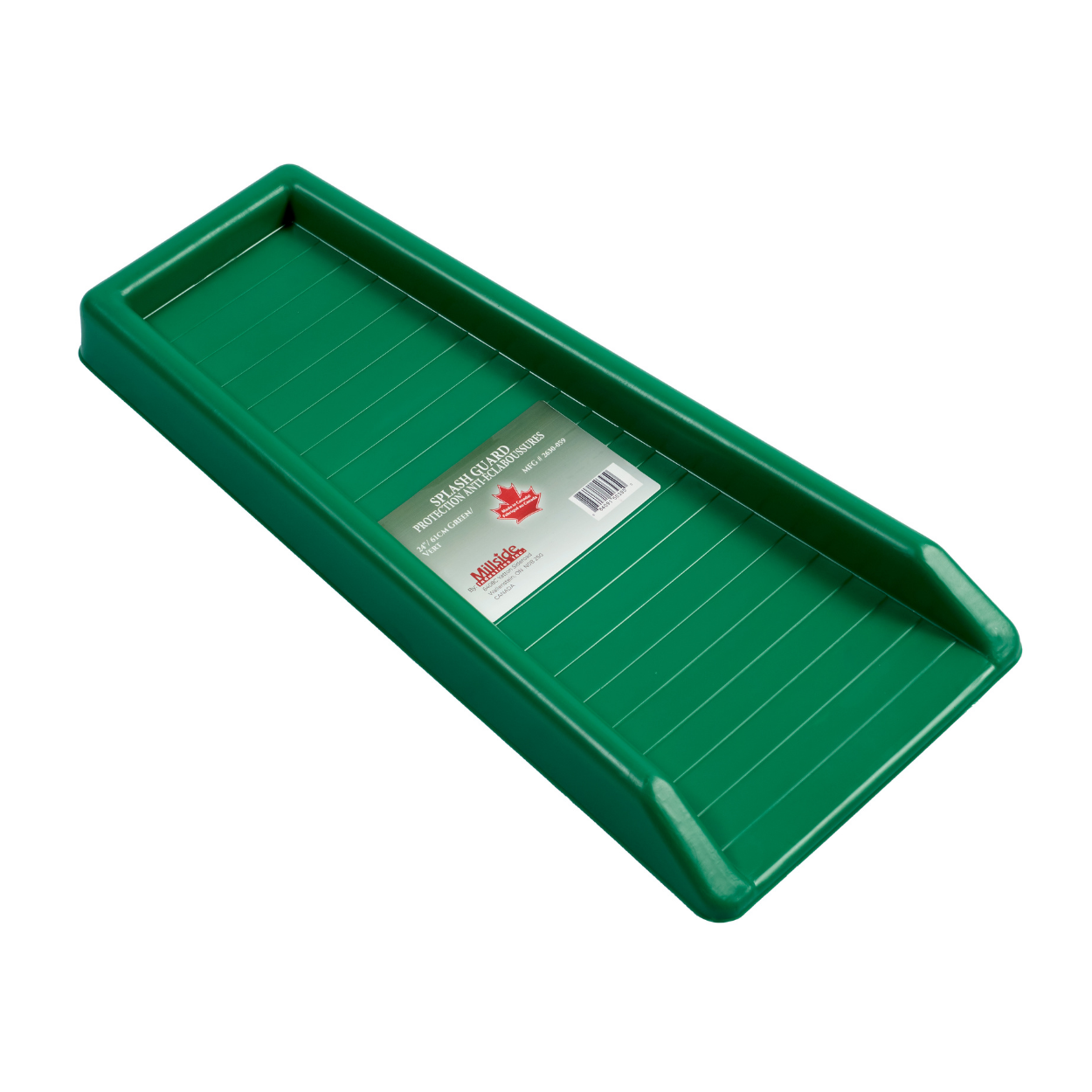 Top angled view of 11x23 inch green splash guard for downspouts, helps prevent soil washout near gutters