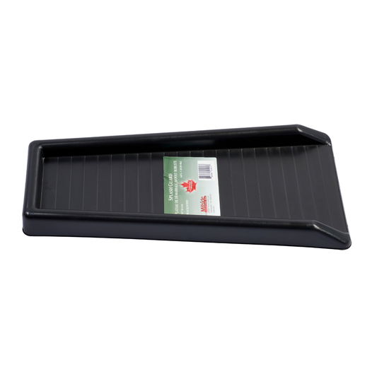 Black plastic downspout splash guard, 11x23 inches, redirects rainwater from foundations to prevent soil erosion