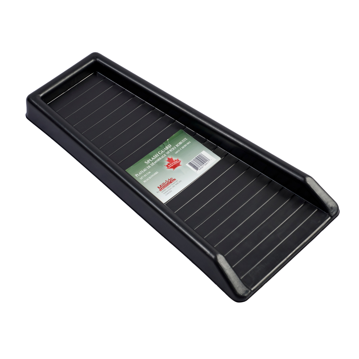 Angled top view of black splash guard for downspouts, 11x23 inch plastic tray to manage water runoff