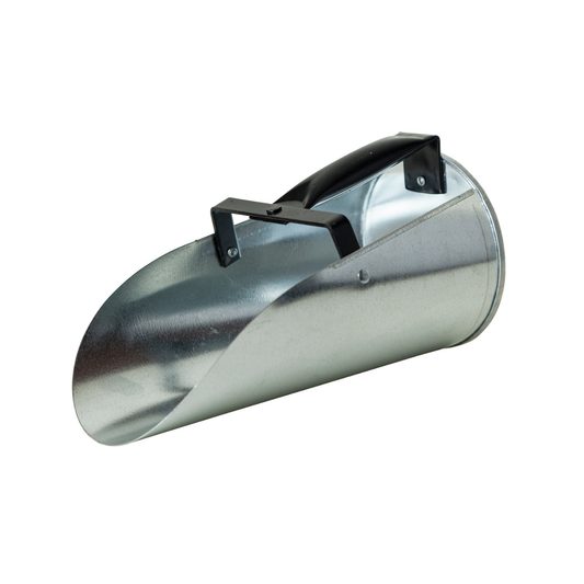 2-quart galvanized metal feed scoop with black grip handle for heavy-duty use