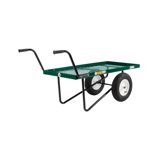 2-wheel metal deck push cart with 24x48 inch platform, 16 inch pneumatic tires, and green powder-coated finish