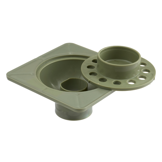 Grey 6-inch plastic bell trap with removable strainer lid and 12 drainage holes — ideal for garages and patios