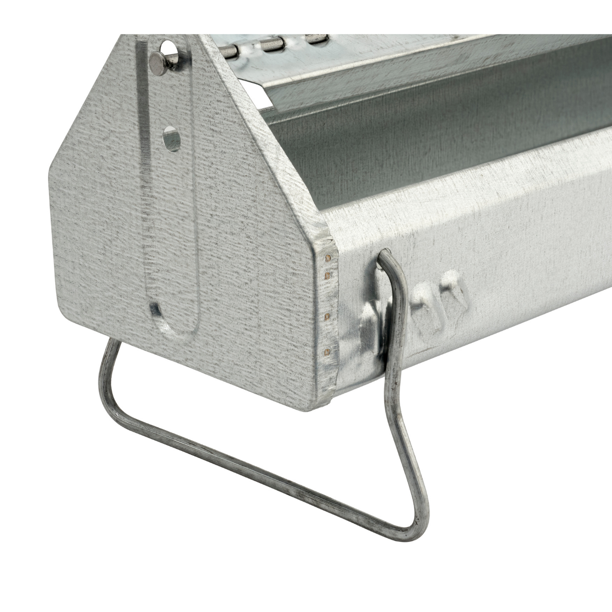 Close-up of 36-inch long galvanized reel-top poultry feeder