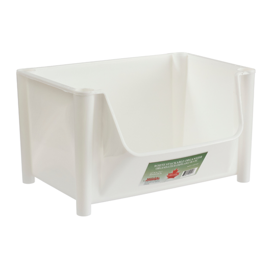 White stackable storage bin with wide opening — durable 11x7x6.5” design for pantry, office, or classroom use