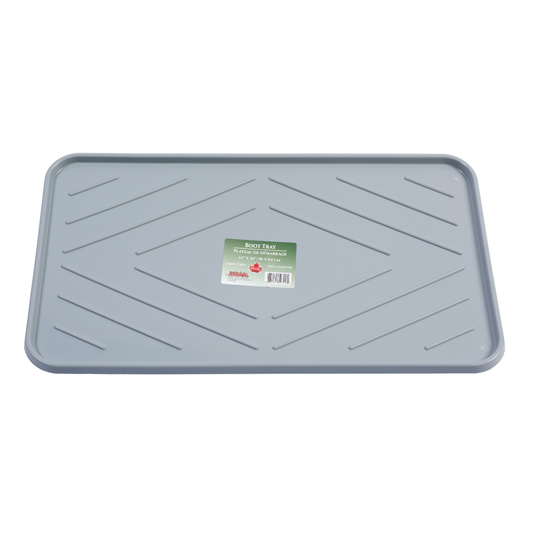 14x25 inch grey boot tray with anti-skid pattern and raised edge for containing dirt, snow, and water