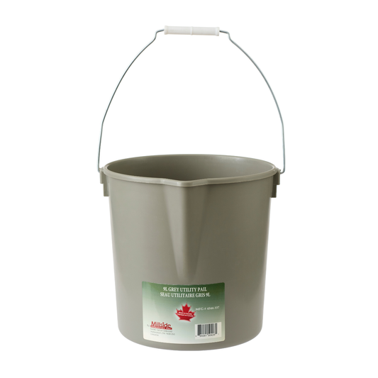 Grey 9L pail with metal handle and plastic grip — durable polypropylene bucket for cleaning and utility use