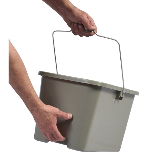 Grey 15L rectangular bucket with metal handle and plastic grip, shown being carried by hand for ergonomic use
