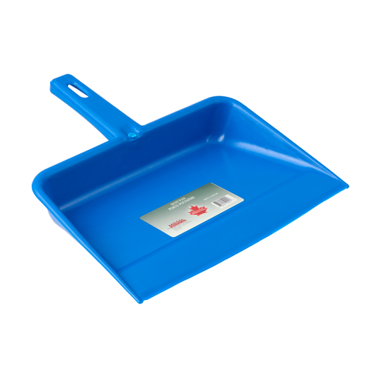 Blue plastic dust pan with deep tray and wide opening for easy sweeping and debris collection in home or office